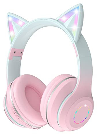 OHAANYY Bluetooth kopfhörer Kinder,Mädchen Katzenohr Kopfhörer Over-Ear mit LED-licht Faltbare Stereo Kopfhörer Bluetooth Kabellose Kopfhörer Kinder mit Mikrofon,Micro SD/TF für Tablet/Handy/PC