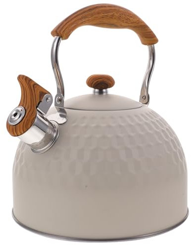 UPKOCH 2.5L Edelstahl Pfeifenkessel Wasserkessel Pfeifkessel Flötenkessel Teekessel Pfeife Wasserkocher mit Holz Pfeifton Griff Induktion Gasherd für Küche Camping Picknick Beige