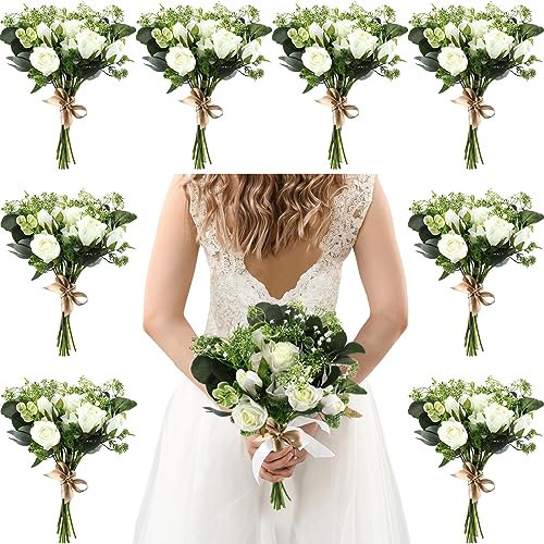 Yuxung 8 Sets Hochzeitsblumensträuße 30,5 x 17,8 cm Brautjungfernsträuße für Hochzeit, Blumen, künstliche Rosen, Eukalyptusblatt, Babyatm, Schleierkraut, künstlicher Hochzeitsstrauß für