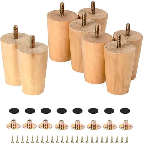 JAPCHET 8 gambe per mobili in legno massello, 8 cm, gambe in legno per armadietti, piedini di ricambio in legno con 24 viti e piastre di montaggio per sedie