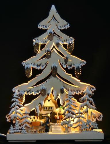 3D-Schwibbogen LED Tanne Tannenbaum Waldhütte Rehe geschnitzt 44x32cm - Handwerkskunst aus dem Erzgebirge