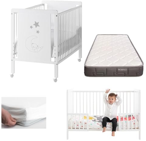 COOL · DREAMS Cuna Bebe con colchón Convertible en Cama Indi, Blanca, Madera de Haya. Incluye barandillas para convertirla en Cama, el colchón Top Ventas Morfeo y el Protector del colchón CoolDreams