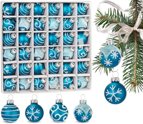BRUBAKER 36-teiliges Set Weihnachtskugeln mit 3 cm Baumkugeln - Handbemalter Christbaumschmuck Mini Kugeln für Weihnachtsbaum und Weihnachtsdeko - Weihnachtsbaumkugeln aus Glas - Blau