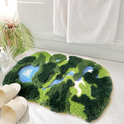 THRILRUG Flauschiger Moos-Teppich, lustiger Badteppich, Läufer für Nachttisch, Schlafsaal, Schlafzimmer, Flur, Zottelblätter, rutschfest, ultraweich, waschbar. (Moss River, 52x88cm)