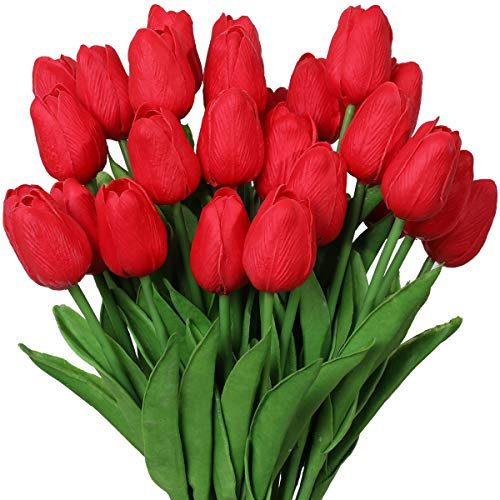 Nubry 30pcs Red Artificial Tulip Flowers Silk Fake Flowers Bouquet for Wedding Decorations Centerpieces Home Decoration