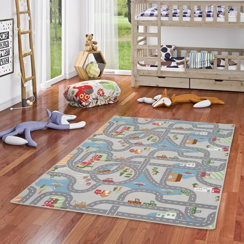 Snapstyle Kinderteppich Spielteppich Kinderzimmer Pflegeleicht Fun Town Grau Bunt in 24 Größen