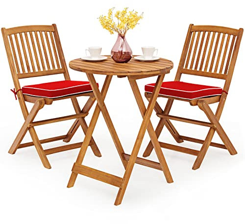 GIANTEX Balkonmöbel Kleiner Balkon, Runder Bistrotisch mit 2 Stühlen klappbar, Gartenmöbel Set Holz 3 teilig, Balkonset Bistroset Outdoor, Terrassenmöbel 2 Personen, Garten Sitzgruppe mit Kissen