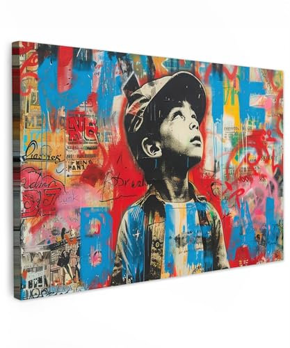 MuchoWow© Impression sur Toile Photo Peinture 90x60 cm Tableau Decoration Murale Chambre Salon Maison Deco Cuisine Graffiti - Vintage - Garçon - Street art - Néon - Banksy