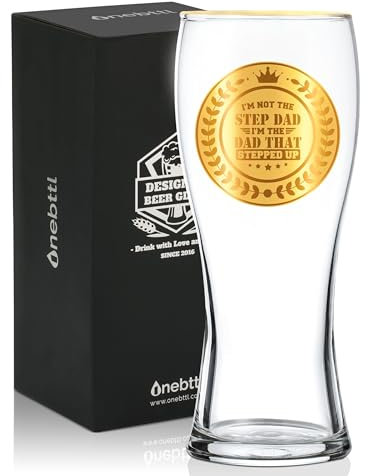 Onebttl Dad Beer Glass, Presents for Dad on Birthday, Father's Day, Christmas from Daughter, Son, Dad Gifts 450 ml Pint Glass, Beer Mug, The Dad That Stepped Up, Golden Decal