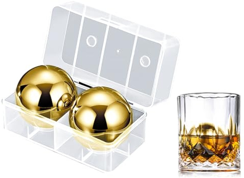 Kellegour 2 Piezas Cubitos de Hielo de Acero Inoxidable,Piedra de Whisky de Acero Inoxidable,Bolas de Cubos de Hielo Reutilizable,para Whisky,Vodka,Vino,Cócteles,para Fiesta,Picnic y Bar,Regalo,Dorado