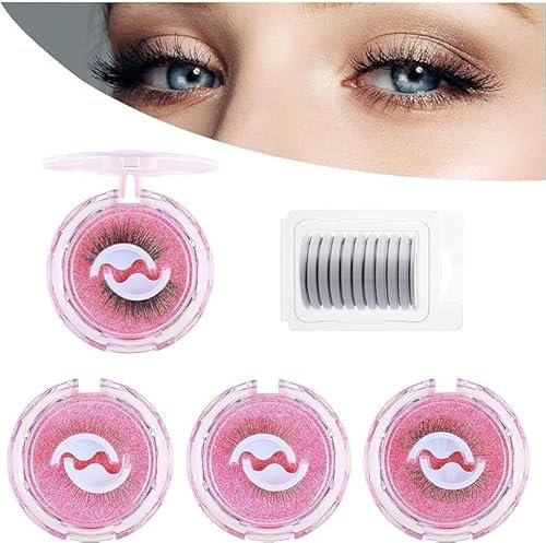 Pre Glued False Eyelashes 4 Pairs – Individually Boxed Self Adhesive Strip Lashes (2 Wispy C Curl & 2 Voluminous C & D Curl), Reusable Fake Eyelashes with 14 Spare Adhesive Strips, No Glue Needed