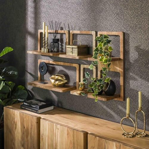 RINGO-Living Wandregal aus Massivholz - 5er Set Holz Regale mit Ablage - Vintage Schweberegal für Deko, Bilder & Pflanzen - Organizer aus Akazienholz für Dein Schlafzimmer, Wohnzimmer & Büro