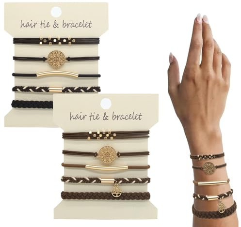 WATEFOER 10 PCS Haargummis Armbänder, Boho-Haargummis für dickes & dünnes Haar, niedliche Stretch-Armbänder, geflochtene Haargummi für Pferdeschwanzhalter, keine Beschädigung (Schwarz)
