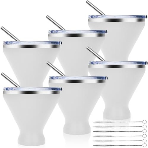 Stainless Steel Martini Glass with Lid, Double Wall Vacuum Insulated Stemless Cocktail Glasses Set of 6, Stay Icy Cold Wine Tumbler with Straw, 10 Oz, White