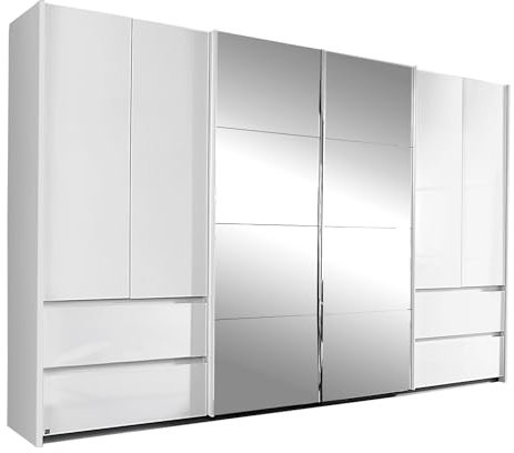 Möbel Jack Synchron-Schwebetürenschrank - Alpinweiß matt - Weiß Hochglanz - 315 x 211 cm - 6 Türen - mit Spiegel