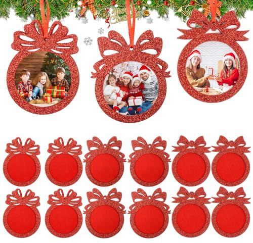 Dmnnlp 12 Stück Christbaumanhänger, Mini Bilderrahmen Filz, Glitzer Weihnachtsanhänger Foto Rahmen Klein, Rot Filz Weihnachtsbaum AnhäNger für Weihnachten Familie Party Deko