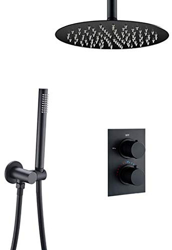 KFTLDYZL Duschset Duschsystem, an der Decke montiertes schwarzes Thermostatventil Badezimmer-Duscharmatur-Set mit rundem 8-12-Zoll-Regenbrausenkopf und Handbrause, Duschset, 8 Zoll