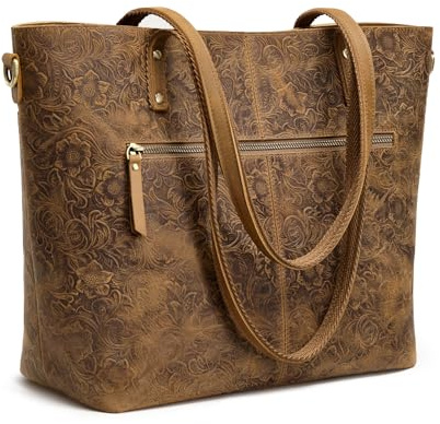 S-ZONE Damen Handtasche mit Rosenmuster Vintage Crazy Horse Leder Schultertasche Shopper Tote Bag