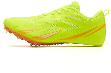 LEOCI Scarpe da corsa con chiodi per pista e campo, tomaia in mesh traspirante, sneakers leggere e resistenti per atletica, Giallo e arancione., 39 EU