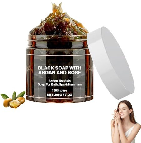 Savon Noir Marocain,Organic Moroccan Black Soap,Gommage Savon Noir Corps,Savon Noir avec Argan et Rose pour Corps Au Savon Noir,Nourrit et Hydrate la Peau Tout en la Nettoyant Efficacement,200g