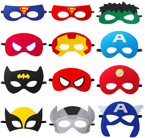 YFCHOTI Party Maske Set für Kinder, 12pcs Cartoon-Superhelden Cosplay Filzmasken, Maskenball Halbmaske für Halloween Karneval Fasching Dress-Up, Kindergeburtstag Mitgebsel Geschenk für Jungen Mädchen
