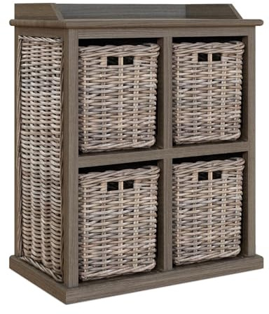 FWStyle Handmade Kubu Rattan 4 Basket Storage Unit Natural Wicker Cabinet 70cm