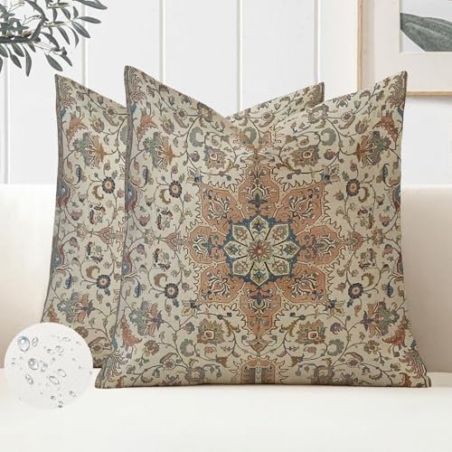 Miuyunya Kissenbezüge Boho 50x50 cm Wasserdicht Sofakissen Outdoor Kissenbezug Ethno Indische Wasserfest Dekokissen Kissenhülle Abstrakte Zierkissenbezüge für Sofa Garten Couch 2er Set