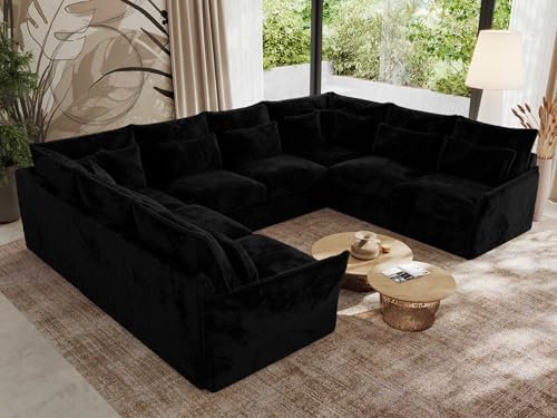 MKS MEBLE Sofa U-Form, Wohnlandschaft, Couch, Ecksofa, Couchgranitur, Polsterecke, Big Sofa XXL, Polstergarnitur - Verso U 8M - Schwarz Plüsch