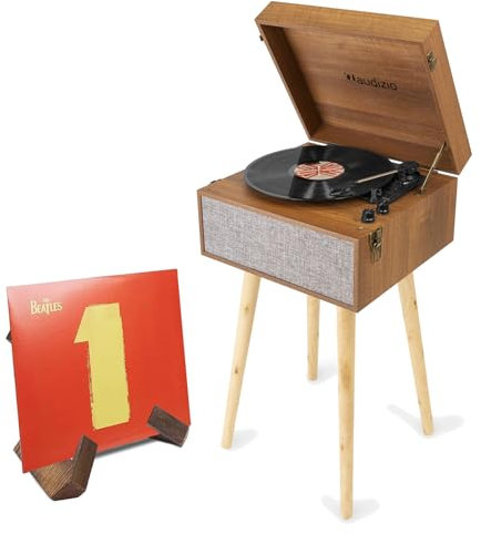 Audizio Fremont Retro Turntable on Legs with Built-in Speakers, Bluetooth Streaming & Retro Wooden Vinyl Record Display Stand Set - Vintage Style Home Audio System