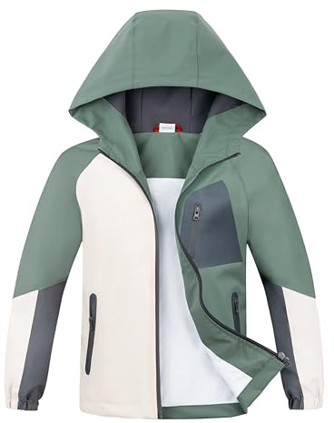 ALXHUTE Veste de pluie mi-saison pour enfant, garçon, imperméable, légère, avec couleurs contrastées, Vert, 130