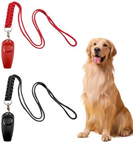 VQUNBG 2 in 1 Clicker Professionale, 2 Pezzi Formazione Clicker, Fischietti per Cani con Cordino per Addestramento Animali Domestici(Nero/Rosso)