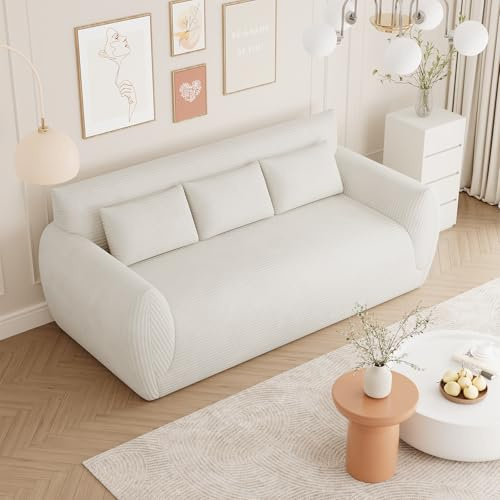 Vesgantti 200cm Corduroy 3 Seater Sofa,No Assembly Required Boneless Couch | Compressed Floor Sofa with 3 Supportive Pillows,Perfect for Living Room, Bedroom,Office, Small Space,200L*94D*80Hcm,Cream