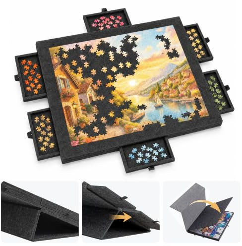 OJTOJT Filz-Puzzlebrett für 1000 Teile, mit sechs Schubladen und Abdeckung | Faltbarer Puzzletisch für Erwachsene, Tragbare Puzzlebrett für Puzzle bis 1000; Mit 2-in-1-Ständer (Schwarz)