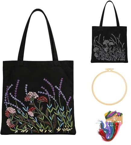 Broderi set vuxna, tygväska, bärväska, broderi, startset, korsstygn, broderi, kit med blommönster, broderiset för nybörjare med broderiram, instruktioner nålar trådar