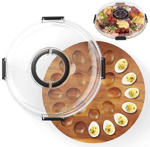 KINDLUME Vassoio per Uova con Coperchio, Vassoio per Uova Ripiene, Vassoio a Scomparti, Vassoio in Bambù, con 24 Scomparti e Coperchio Acrilico Trasparente, Maniglia, per Aperitivi, Feste