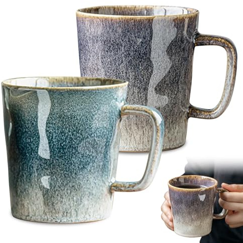 Lot de 2 tasses à café en céramique, 400 ml, style rétro, avec anse, pour café, latte, thé, lave-vaisselle et micro-ondes