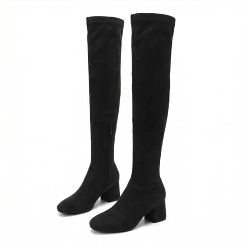 WXDTW Stivali alti al ginocchio da donna, stivali alti in camoscio elasticizzato con tacco grosso, stivali sopra il ginocchio sexy slim fit con tacco sopra il ginocchio, Nero , 43 EU