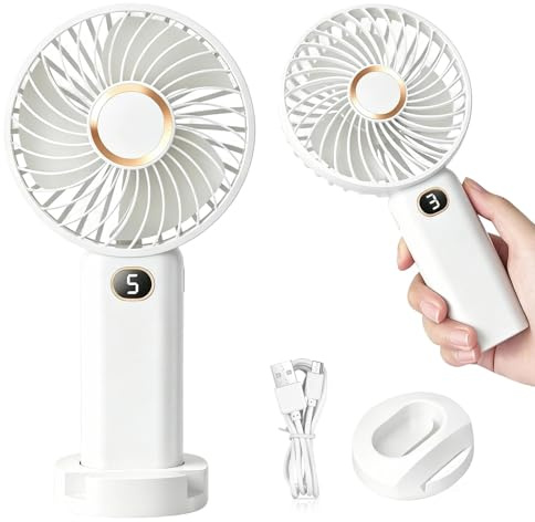 Hillylolly Ventilatore Portatile USB, Mini Ventilatore ricaricabile da Tavolo, Ventilatore 5 Velocità, Portable Fan Silenzioso Ventilatore Portatile per Ufficio Viaggio Casa Estate (Blanco)