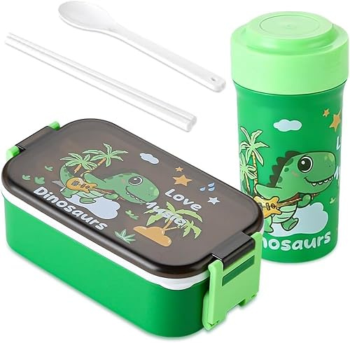 MIFKLMV Juego de Almuerzo Recipientes Fiambrera con Cubiertos Botella para Beber, Set de Almuerzo para el Colegio o para Llevar - 900 ml + 500 ml - Dino, Verde