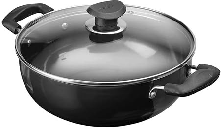 Vinod Black Pearl - Wok Kadai con tapa de cristal (24 cm, capacidad de 3,1 litros), color negro