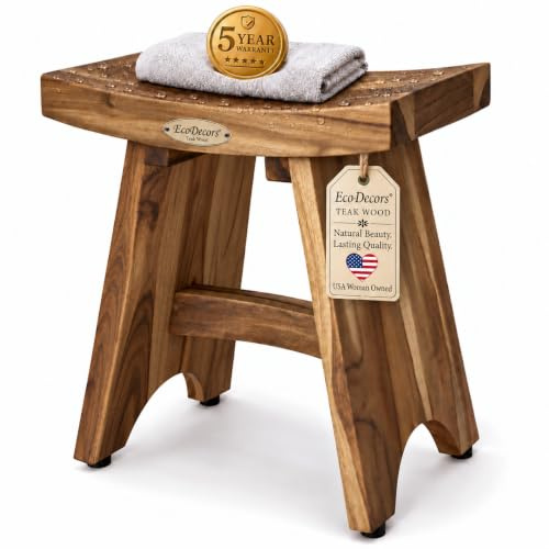EcoDecors Tabouret de Douche, Bois de Teck, Naturel, 18L x 12l x 18.5T