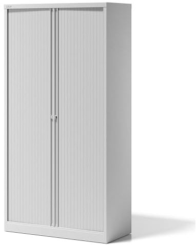 BISLEY Rollladenschrank Essentials mit 4 Fachböden für 5 Ordnerhöhen, Metall, Pww Rollladen/Korpus Verkehrsweiß, 47 x 100 x 198 cm