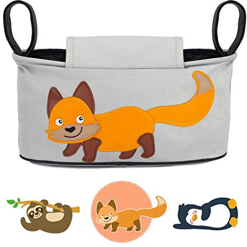 GLÜCKSWOLKE Kinderwagen Organizer - 12 Motive, Kinderwagentasche verschließbar, Kinder Buggy Tasche mit Feuchttuchspender, Aufbewahrungstasche, Baby Zubehör mit Fuchs (Willi Wildfuchs, Grau)