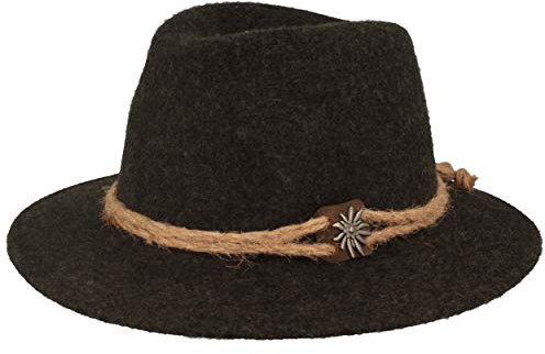 Breiter Original Herren Trachtenhut, Filzhut, Wanderhut Tiroler-Art, 100% Wolle, Hanfkordel, Edelweiß & schmaler Krempe Grau 61
