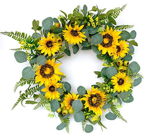 idyllic 18”Artificial Sunflower Spring Wreath Rustic Farmhouse Decorative Floral Wreath for Front Door Window Wedding Outdoor, Yellow