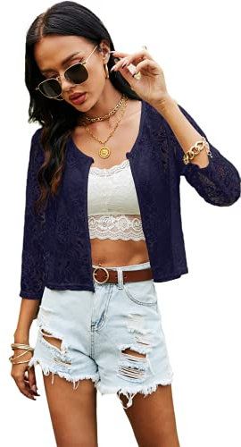 Ietaoo Boléro Femme Dentelle Cardigan Court avec Bouton Manches 3/4 Elégant Veste Boléro Gilet pour Été Printemps Automne Bleu Marine M