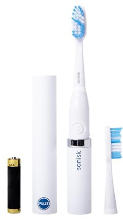 Sonisk Pulse | Battery Powered Electric Toothbrush | Portable Travel Size with Antimicrobial Sonic Technology | 1x Battery, 2X Brush Heads, 1x Travel Case Included (Pure White)
