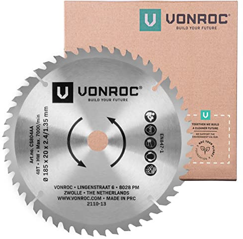 VONROC Lame de Scie Universelle pour Bois 48 Dents - Lame Scie Circulaire à Onglet Radiale 185x20mm de Diamètre - Compatible avec Scie Circulaire sur Table - Vitesse max. 7000 tr/min