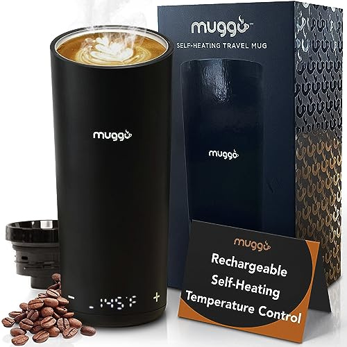Muggo 2.0 selbstheizender Reisebecher mit Temperaturkontrolle, Schwarz, 3 Stunden Akkulaufzeit und berührungsempfindliche Bedienelemente, 340 ml Kapazität