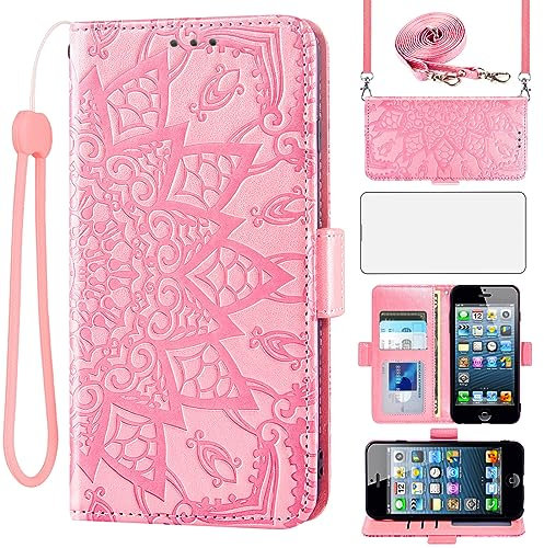 Asuwish Handyhülle für iPhone 5S/5/SE 2016 Hülle mit Band und Glas Schutzfolie Folie Kartenfach Klappbar Leder Geldbörse Ständer i 5SE 1 S SE2016 1. Generation Handy Hüllen Schutzhülle Phone Case Rosa
